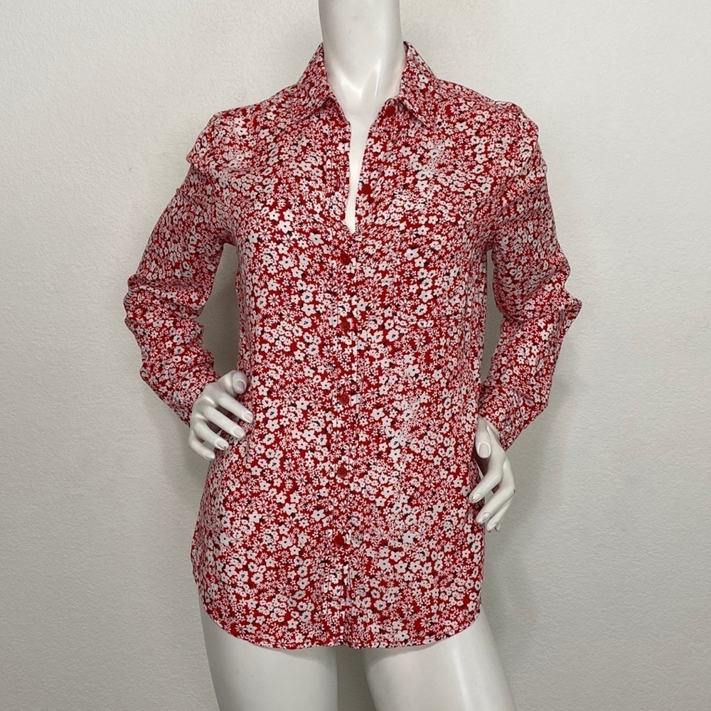 Beachlunchlounge Red White Long Sleeve Floral Collared Button Down Shirt Size S